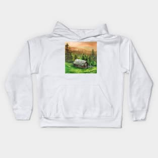 western country farm landscape pine tree old fence mountain rustic log cabin Kids Hoodie